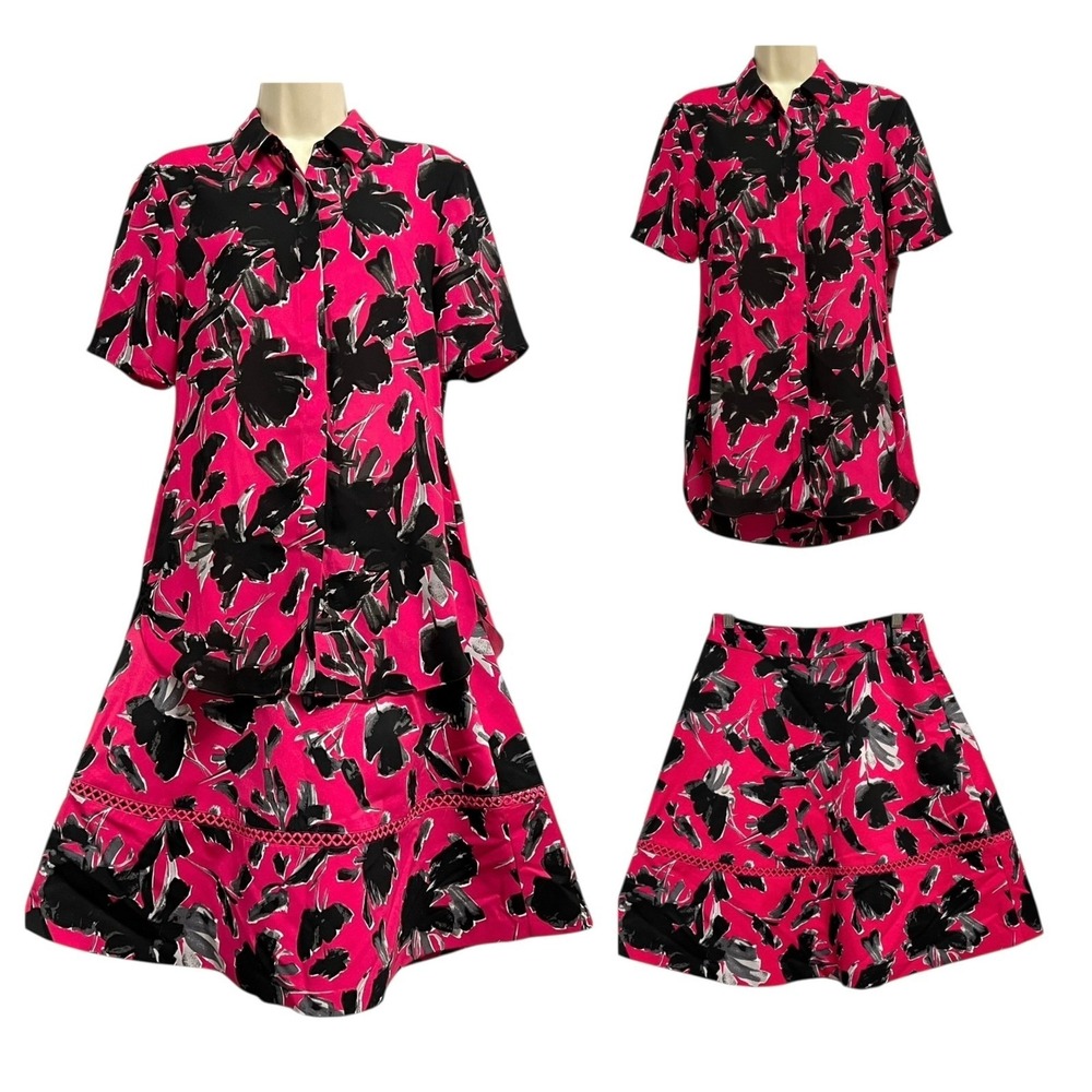 Isaac Mizrahi IMNYC Top Skirt Set Womens S/4 Pink Black Floral Garden Party Bold